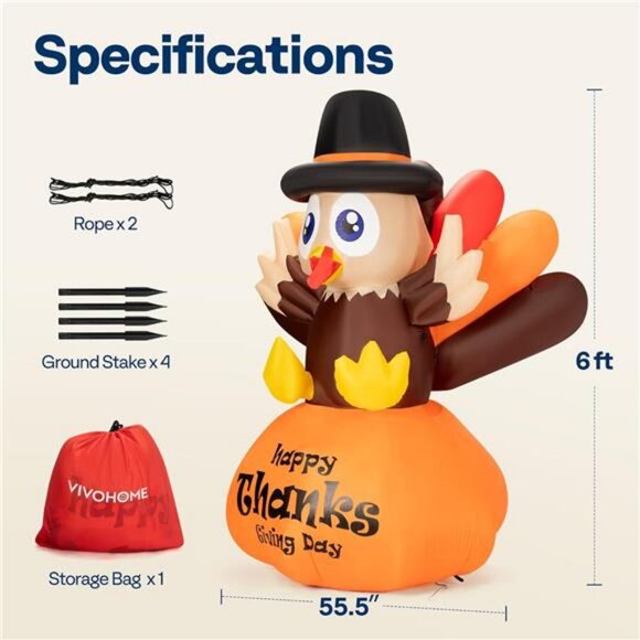 6ft Height Thanksgiving Inflatable LED Lighted Turkey on Pumpkin Blow - Picture 2 of 7